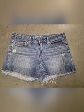 American Eagle Outfitters Mid-Blue Distressed Denim Cutoff Shorts
